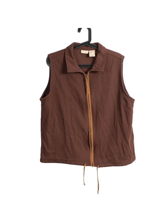 Bobbie Brooks Sweaters - VTG Sweater Vest Womens XL Brown Zip Up Contrast Trim Ribbed Drawstring Collared